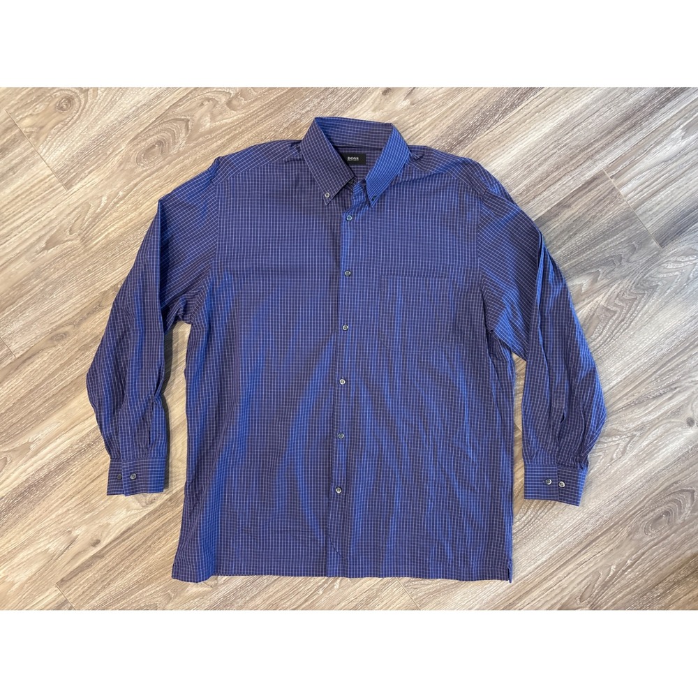 Hugo Boss Mens 16 32/33 Purple Blue Micro Grid Check Cotton Button Down Shirt